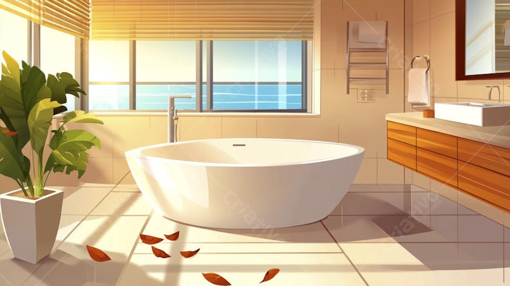 Ilustração Digital de Banheiro Aconchegante com Banheira Branca e Luz do Sol Entrando pela Janela em Estilo Cartoon
