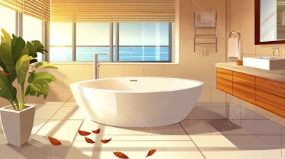 Ilustração Digital de Banheiro Aconchegante com Banheira Branca e Luz do Sol Entrando pela Janela em Estilo Cartoon