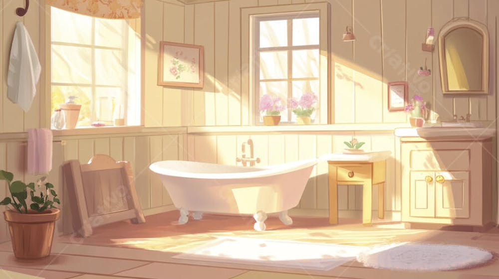 Ilustração Digital de Banheiro Aconchegante com Banheira Branca e Luz do Sol Entrando pela Janela em Estilo Cartoon