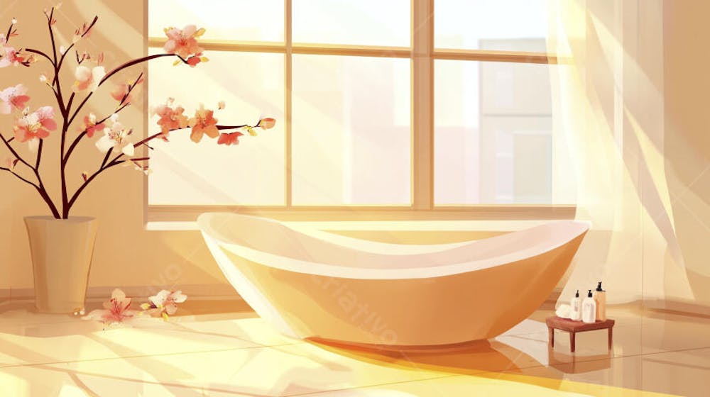 Ilustração Digital de Banheiro Aconchegante com Banheira Branca e Luz do Sol Entrando pela Janela em Estilo Cartoon