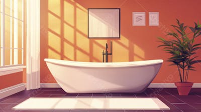 Ilustração Digital de Banheiro Aconchegante com Banheira Branca e Luz do Sol Entrando pela Janela em Estilo Cartoon