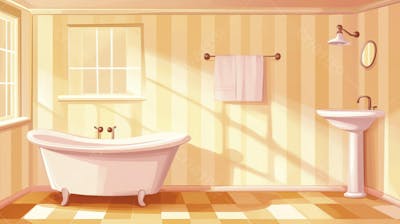 Ilustração Digital de Banheiro Aconchegante com Banheira Branca e Luz do Sol Entrando pela Janela em Estilo Cartoon