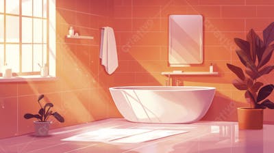 Ilustração Digital de Banheiro Aconchegante com Banheira Branca e Luz do Sol Entrando pela Janela em Estilo Cartoon