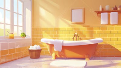 Ilustração Digital de Banheiro Aconchegante com Banheira Branca e Luz do Sol Entrando pela Janela em Estilo Cartoon