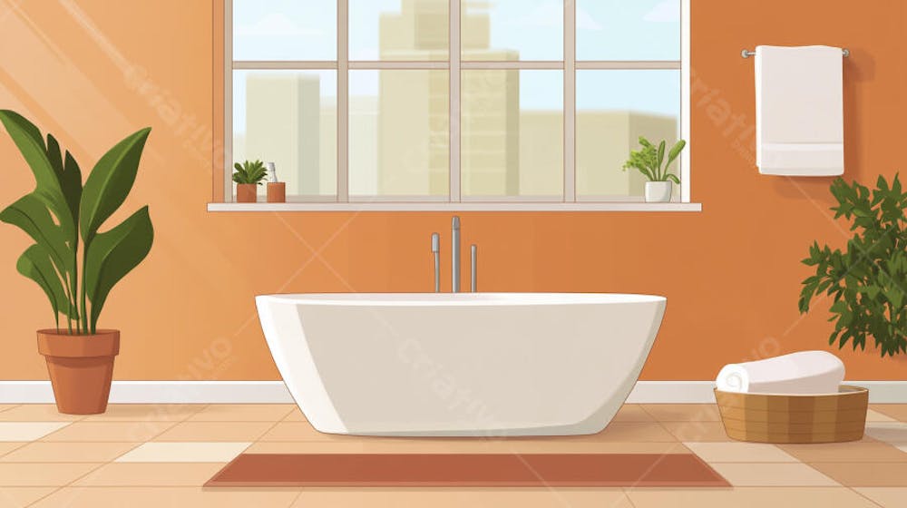 Ilustração Digital de Banheiro Aconchegante com Banheira Branca e Luz do Sol Entrando pela Janela em Estilo Cartoon