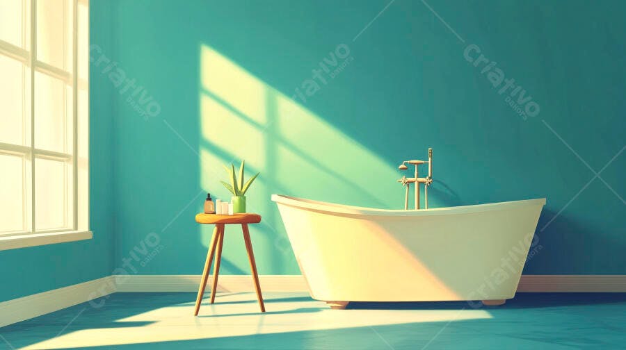 Banheira branca em banheiro turquesa iluminado pelo sol
