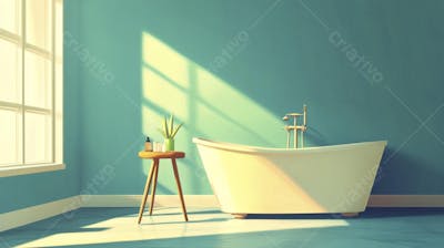 Ilustração Digital de Banheiro Aconchegante com Banheira Branca e Luz do Sol Entrando pela Janela em Estilo Cartoon