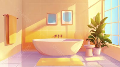 Ilustração Digital de Banheiro Aconchegante com Banheira Branca e Luz do Sol Entrando pela Janela em Estilo Cartoon