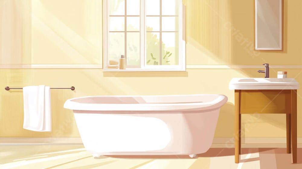 Ilustração Digital de Banheiro Aconchegante com Banheira Branca e Luz do Sol Entrando pela Janela em Estilo Cartoon