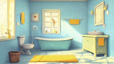 Ilustração Digital de Banheiro Aconchegante com Banheira Branca e Luz do Sol Entrando pela Janela em Estilo Cartoon