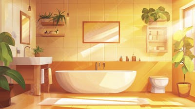 Ilustração Digital de Banheiro Aconchegante com Banheira Branca e Luz do Sol Entrando pela Janela em Estilo Cartoon