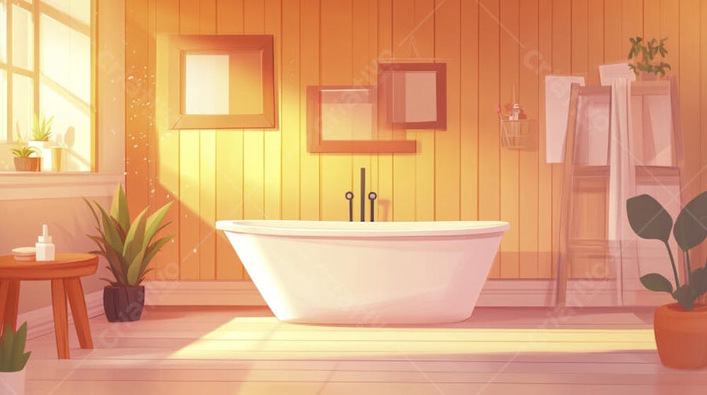 Ilustração Digital de Banheiro Aconchegante com Banheira Branca e Luz do Sol Entrando pela Janela em Estilo Cartoon