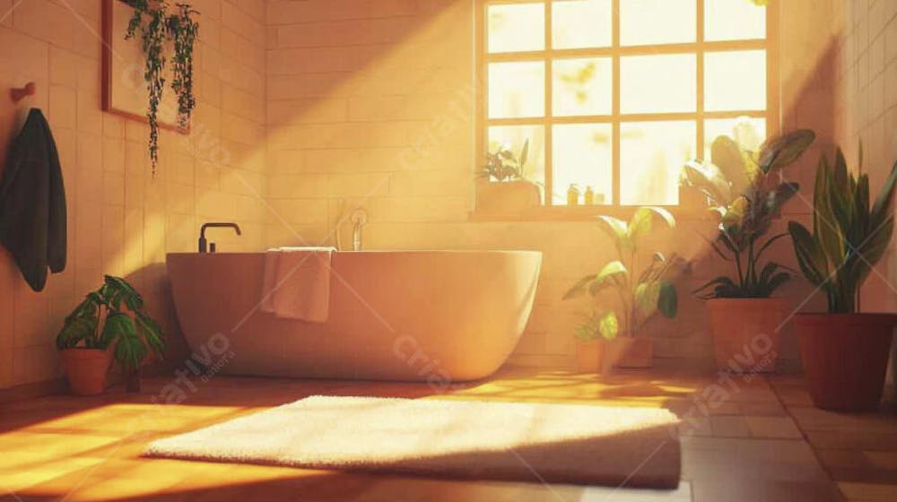 Ilustração Digital de Banheiro Aconchegante com Banheira Branca e Luz do Sol Entrando pela Janela em Estilo Cartoon