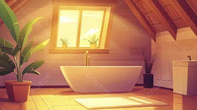 Ilustração Digital de Banheiro Aconchegante com Banheira Branca e Luz do Sol Entrando pela Janela em Estilo Cartoon