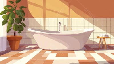 Ilustração Digital de Banheiro Aconchegante com Banheira Branca e Luz do Sol Entrando pela Janela em Estilo Cartoon