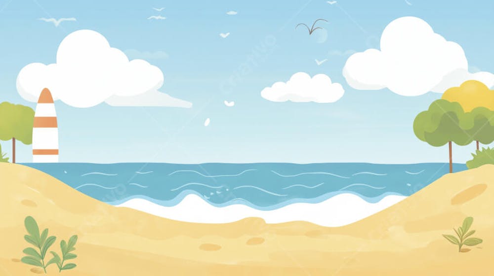 Ilustração Digital de Praia Tropica com Areia Dourada, Mar Azul e Palmeiras Verdes em Estilo Cartoon