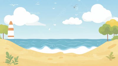 Ilustração Digital de Praia Tropica com Areia Dourada, Mar Azul e Palmeiras Verdes em Estilo Cartoon