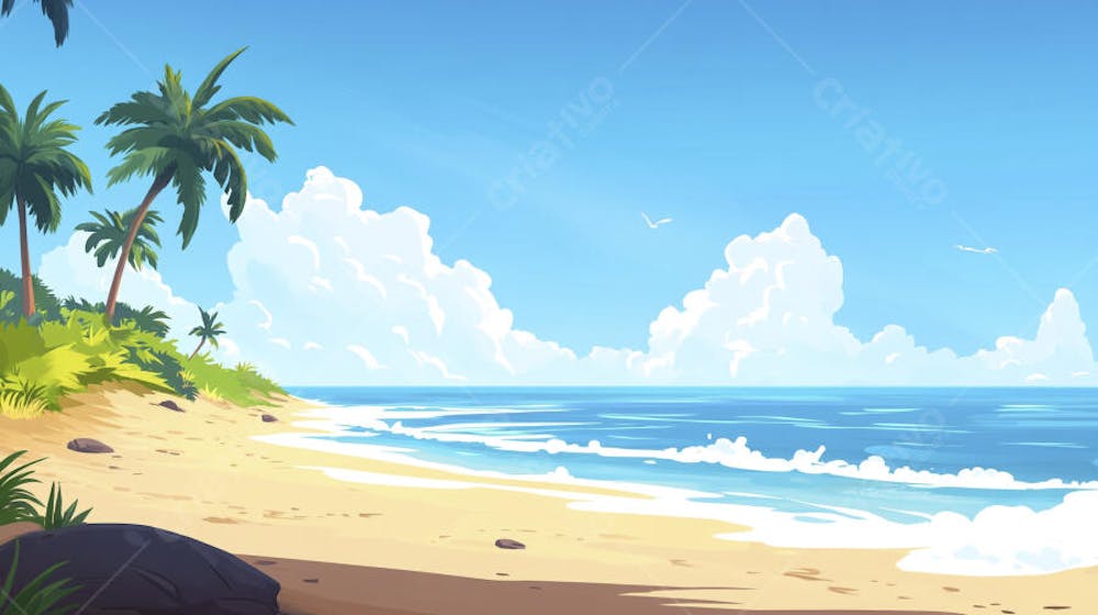 Ilustração Digital de Praia Tropica com Areia Dourada, Mar Azul e Palmeiras Verdes em Estilo Cartoon
