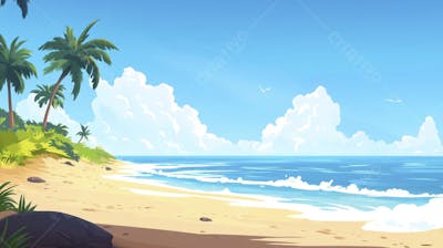 Ilustração Digital de Praia Tropica com Areia Dourada, Mar Azul e Palmeiras Verdes em Estilo Cartoon
