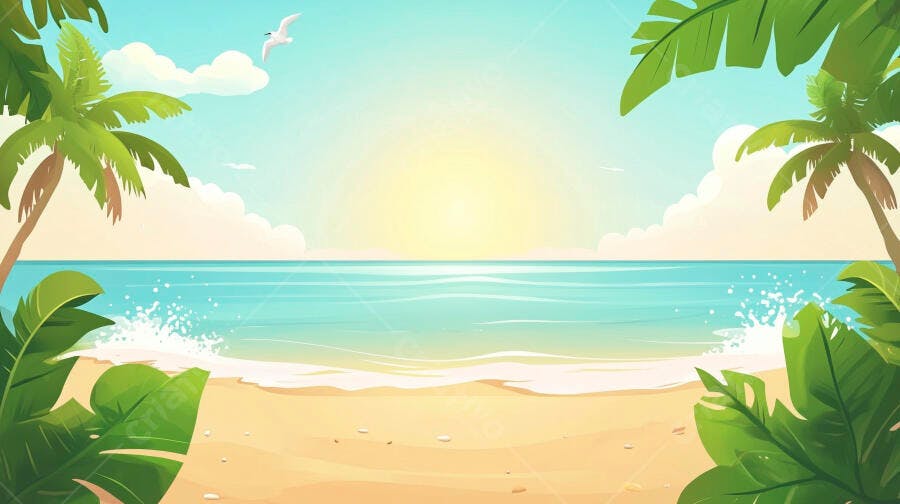 Praia tropical com coqueiros ao nascer do sol