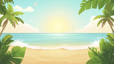 Ilustração Digital de Praia Tropica com Areia Dourada, Mar Azul e Palmeiras Verdes em Estilo Cartoon