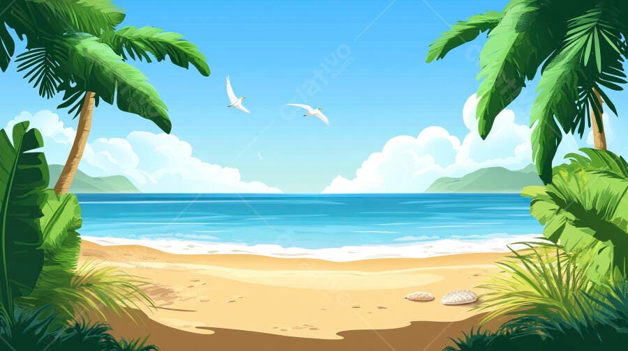 Praia tropical com coqueiros e pássaros