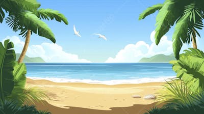 Ilustração Digital de Praia Tropica com Areia Dourada, Mar Azul e Palmeiras Verdes em Estilo Cartoon