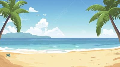 Ilustração Digital de Praia Tropica com Areia Dourada, Mar Azul e Palmeiras Verdes em Estilo Cartoon