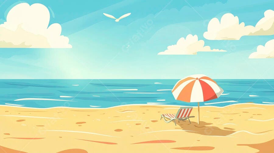 Praia tropical com guarda-sol e cadeira