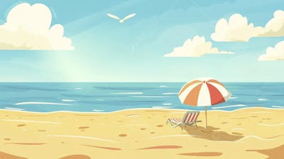 Ilustração Digital de Praia Tropica com Areia Dourada, Mar Azul e Palmeiras Verdes em Estilo Cartoon