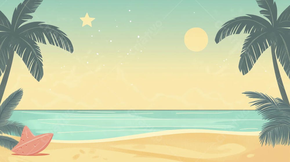 Ilustração Digital de Praia Tropica com Areia Dourada, Mar Azul e Palmeiras Verdes em Estilo Cartoon