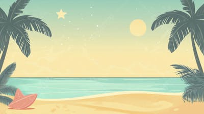 Ilustração Digital de Praia Tropica com Areia Dourada, Mar Azul e Palmeiras Verdes em Estilo Cartoon