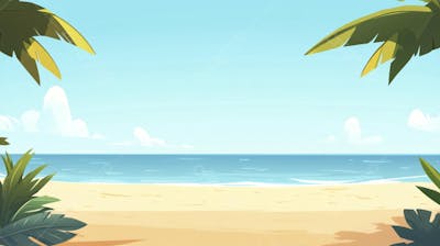 Ilustração Digital de Praia Tropica com Areia Dourada, Mar Azul e Palmeiras Verdes em Estilo Cartoon