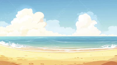 Ilustração Digital de Praia Tropica com Areia Dourada, Mar Azul e Palmeiras Verdes em Estilo Cartoon