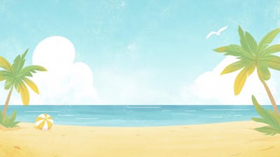 Ilustração Digital de Praia Tropica com Areia Dourada, Mar Azul e Palmeiras Verdes em Estilo Cartoon