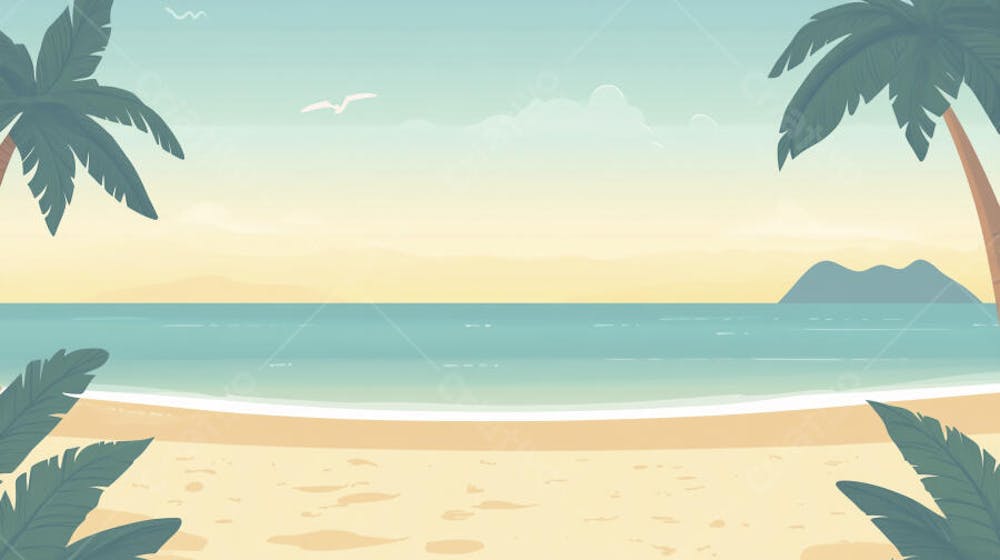 Ilustração Digital de Praia Tropica com Areia Dourada, Mar Azul e Palmeiras Verdes em Estilo Cartoon