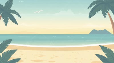 Ilustração Digital de Praia Tropica com Areia Dourada, Mar Azul e Palmeiras Verdes em Estilo Cartoon