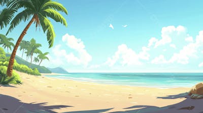 Ilustração Digital de Praia Tropica com Areia Dourada, Mar Azul e Palmeiras Verdes em Estilo Cartoon