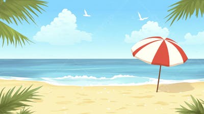 Ilustração Digital de Praia Tropica com Areia Dourada, Mar Azul e Palmeiras Verdes em Estilo Cartoon
