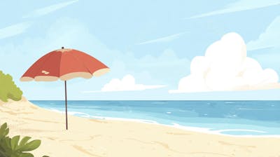 Ilustração Digital de Praia Tropica com Areia Dourada, Mar Azul e Palmeiras Verdes em Estilo Cartoon