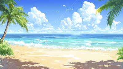 Ilustração Digital de Praia Tropica com Areia Dourada, Mar Azul e Palmeiras Verdes em Estilo Cartoon