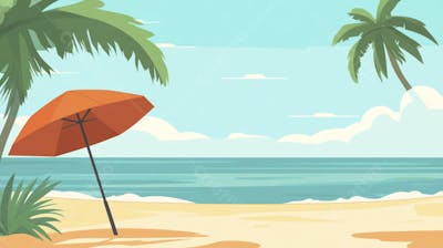 Ilustração Digital de Praia Tropica com Areia Dourada, Mar Azul e Palmeiras Verdes em Estilo Cartoon