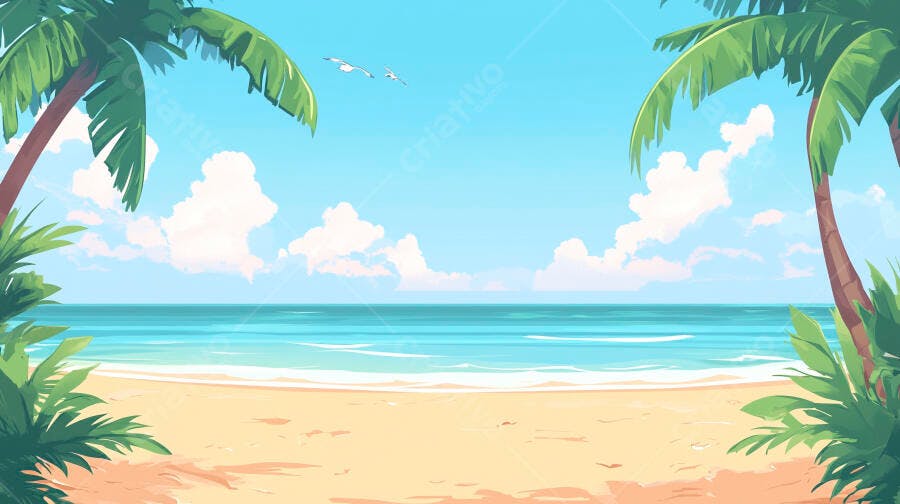 Praia Tropical com Palmeiras e Mar Azul