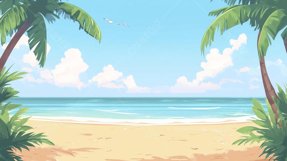 Ilustração Digital de Praia Tropica com Areia Dourada, Mar Azul e Palmeiras Verdes em Estilo Cartoon