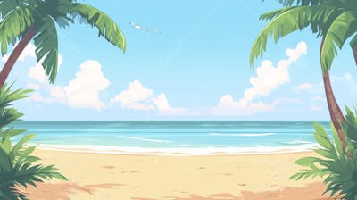 Ilustração Digital de Praia Tropica com Areia Dourada, Mar Azul e Palmeiras Verdes em Estilo Cartoon