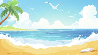 Ilustração Digital de Praia Tropica com Areia Dourada, Mar Azul e Palmeiras Verdes em Estilo Cartoon