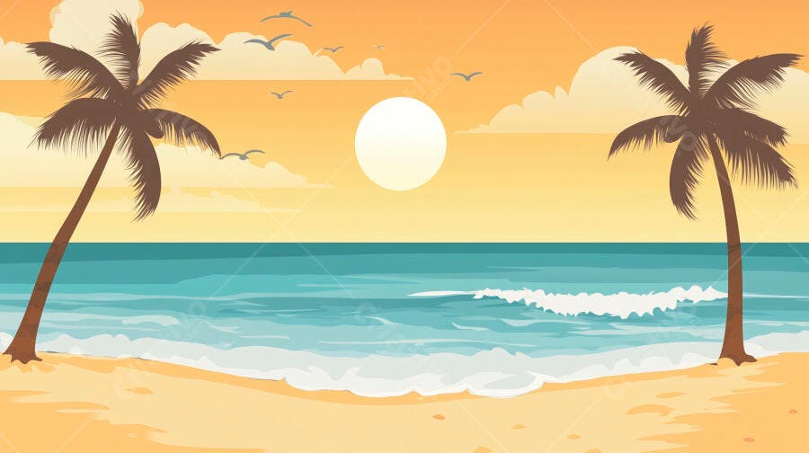 Praia tropical ao pôr do sol