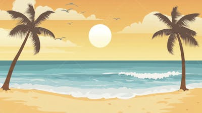 Ilustração Digital de Praia Tropica com Areia Dourada, Mar Azul e Palmeiras Verdes em Estilo Cartoon