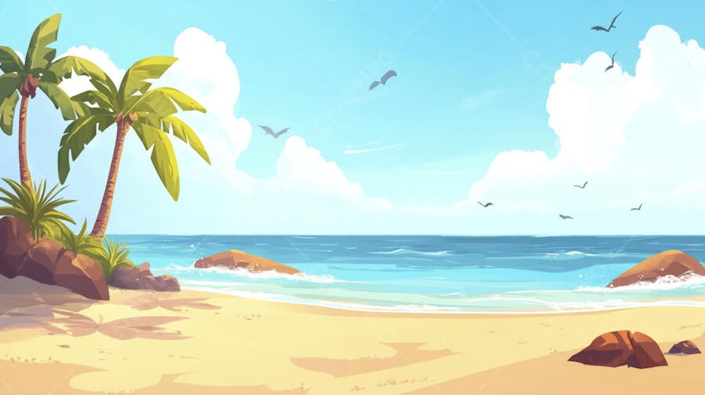 Ilustração Digital de Praia Tropica com Areia Dourada, Mar Azul e Palmeiras Verdes em Estilo Cartoon