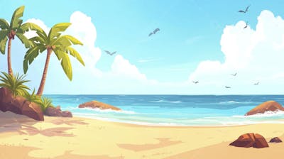 Ilustração Digital de Praia Tropica com Areia Dourada, Mar Azul e Palmeiras Verdes em Estilo Cartoon